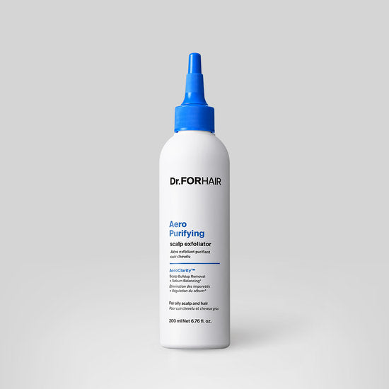 ProtoClinical k-beauty Dr.FORHAIR Aero Purifying Scalp Exfoliator 200ml in slim blue-gray packaging shown as a single product silhouette on a light background