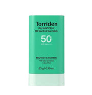 ProtoClinical k-beauty Torriden Balanceful For Men Cica Oil Control Sun Stick SPF50+ PA++++ 20g single upright teal sun stick centered on a pale lavender background.