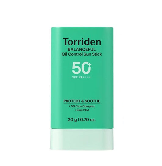ProtoClinical k-beauty Torriden Balanceful For Men Cica Oil Control Sun Stick SPF50+ PA++++ 20g single upright teal sun stick centered on a pale lavender background.