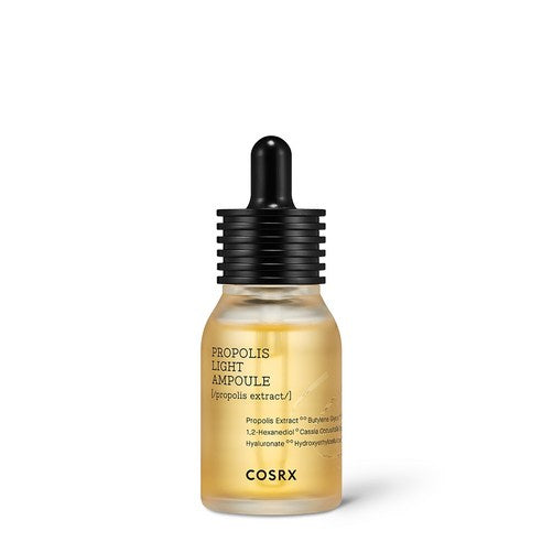 ProtoClinical k-beauty COSRX Full Fit Propolis Light Ampoule 30ml single upright amber ampoule bottle with a black dropper cap on a white background