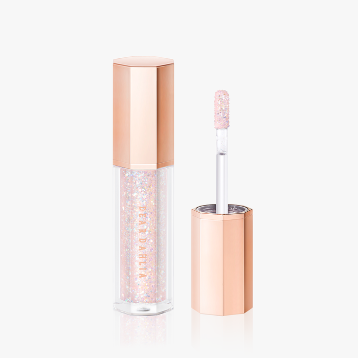 ProtoClinical k-beauty [DEAR DAHLIA] Paradise Shine Eye Sequins 4g #08 Enchanted beauty close-up with a centered taupe vertical form, soft peach tones, and a pale blue and white background
