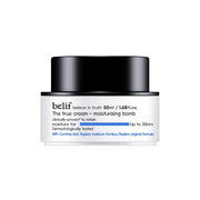 ProtoClinical k-beauty belif THE TRUE CREAM MOISTURIZING BOMB 50ml shown as a blue cream jar on a light background.