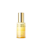 ProtoClinical k-beauty isoi Bulgarian Rose Intensive Lifting Serum 35ml in a tall beige bottle centered upright on a soft cream background with pale lavender side bands.