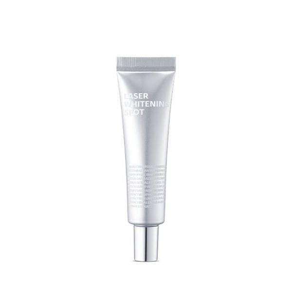 ProtoClinical k-beauty isoi Bulgarian Rose Whitening Laser Spot 20ml shown as a blue-gray spot treatment package silhouette with a soft pink lower accent on a light background
