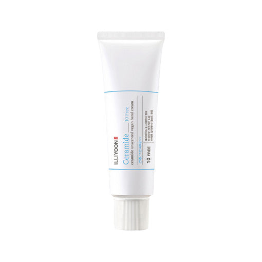 ProtoClinical k-beauty ILLIYOON Ceramide Hand Cream 50ml shown as a single white squeeze tube standing upright with a pale blue label on a light gray background