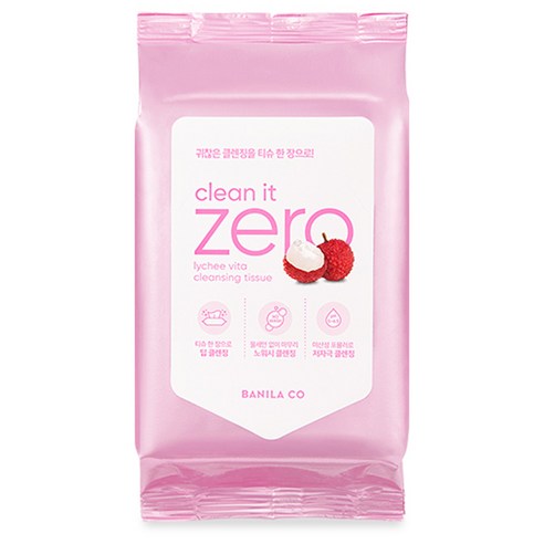 ProtoClinical k-beauty BANILA CO Clean It Zero Lychee Vita Cleansing Tissue 30 Sheets single cleansing tissue pack shown front-facing in a square packshot on a clean white background