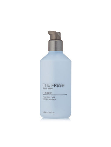 ProtoClinical k-beauty THE FACE SHOP The Fresh For Men Hydrating Fluid 200ml single upright pale blue bottle centered on a white background