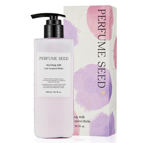 ProtoClinical k-beauty The Face Shop Perfume Seed Rich Body Milk 300ml single pale pink body milk bottle with a dark cap standing upright on a white background with pale aqua accents
