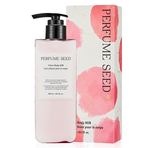 ProtoClinical k-beauty THE FACE SHOP Perfume Seed Velvet Body Milk 300ml single rose-pink body milk bottle with a dark cap standing upright on a white background with pale aqua accents