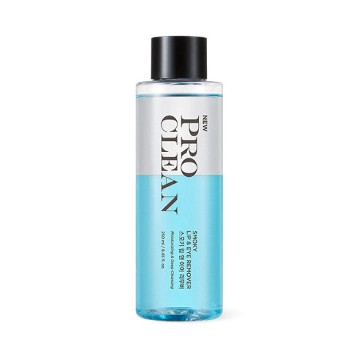 ProtoClinical k-beauty TONYMOLY Pro Clean Smoky Lip & Eye Remover 250ml single tall aqua-gray remover bottle centered upright on a pale mint studio background