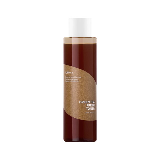 ProtoClinical k-beauty Isntree Green Tea Fresh Toner 200ml in a single upright deep taupe bottle on a white background
