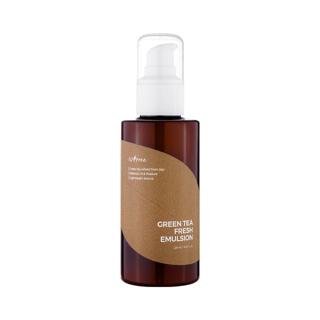 ProtoClinical k-beauty Isntree Green Tea Fresh Emulsion 120ml in a single upright taupe bottle on a white background