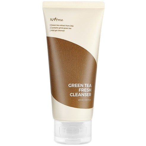 ProtoClinical k-beauty Isntree Green Tea Fresh Cleanser 120ml single upright olive-beige cleanser package centered on a light background with pale blue side accents.