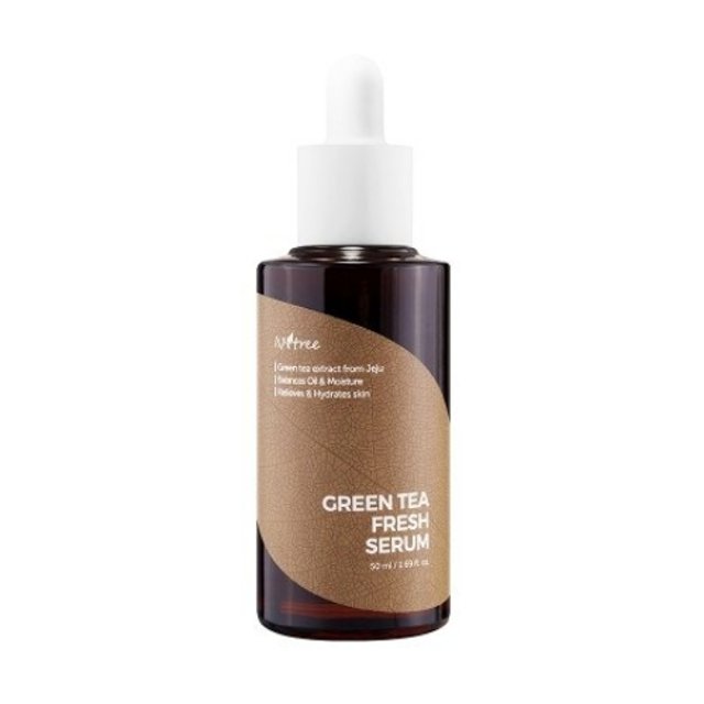 ProtoClinical k-beauty Isntree Green Tea Fresh Serum 50ml shown as a single slim bottle centered upright with pale blue side accents on a white background