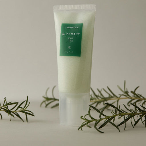 ProtoClinical k-beauty AROMATICA Rosemary Scalp Scrub 165g single green scrub jar centered on a pale beige background