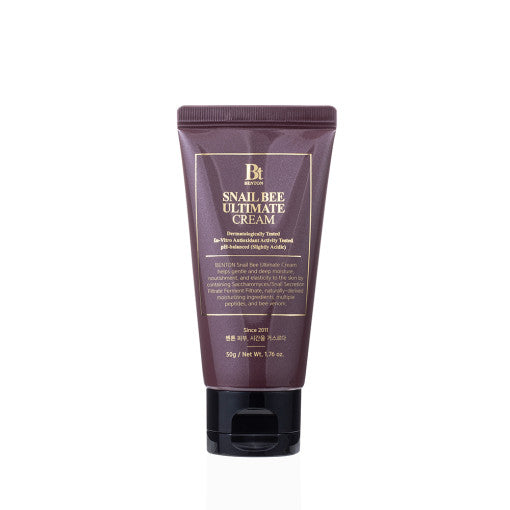 ProtoClinical k-beauty Benton Snail Bee Ultimate Cream 50g single upright deep plum cream package centered on a pale background with soft blue and pink side shading
