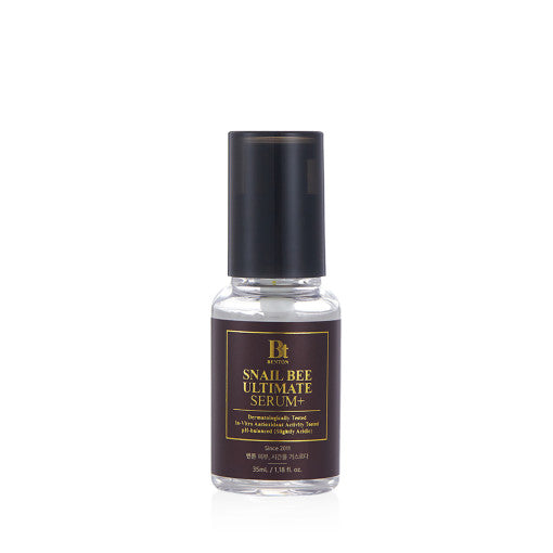 ProtoClinical k-beauty Benton Snail Bee Ultimate Serum+ 35ml single upright dark olive serum bottle centered on a pale background with soft cream side shading