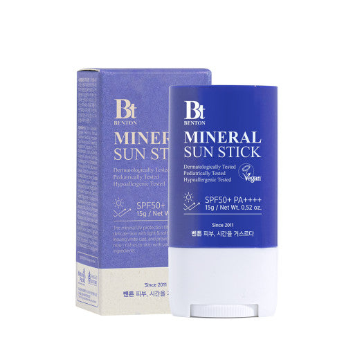 ProtoClinical k-beauty Benton Mineral Sun Stick (SPF50+ PA++++) 15g single upright dark blue sun stick package centered on a light background.