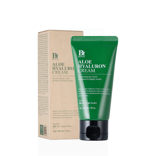 ProtoClinical k-beauty Benton Aloe Hyaluron Cream 50g single upright dark green cream package centered on a white background with soft pastel accents