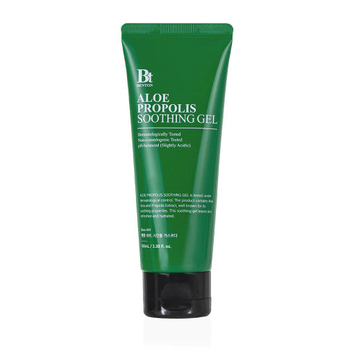 ProtoClinical k-beauty Benton Aloe Propolis Soothing Gel 100ml single upright dark green gel package centered on a white background with soft pastel accents