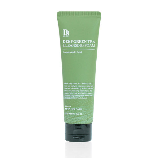 ProtoClinical k-beauty Benton Deep Green Tea Cleansing Foam 120g single upright deep green cleansing package centered on a light background.