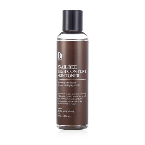 ProtoClinical k-beauty Benton Snail Bee High Content Skin Toner 150ml single upright dark brown toner bottle centered on a white background with pale green accents