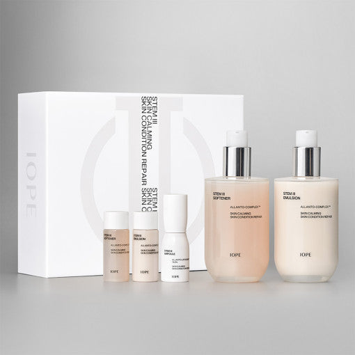 ProtoClinical k-beauty IOPE Stem 3 Softener & Emulsion Skincare SET with two blue and white skincare bottles and matching cartons on a white background
