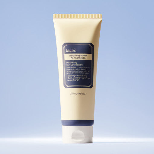 KLAIRS Supple Preparation All Over Lotion 250ml by ProtoClinical shown as a k-beauty lotion bottle on a clean white background.
