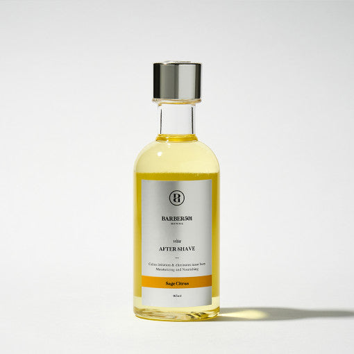 ProtoClinical k-beauty BARBER501 After Shave 165ml #vita(Sage Citrus) single upright pale olive after-shave bottle centered on a pale background with soft lavender side shading