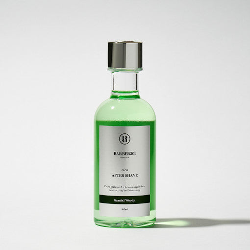 ProtoClinical k-beauty BARBER501 After Shave 160ml #cica(SANDAL WOODYS) single upright olive green after-shave bottle centered on a pale background with soft lavender side shading