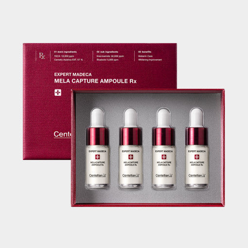 ProtoClinical k-beauty CENTELLIAN24 Expert Madeca Mela Capture Ampoule Rx 7ml x 4ea dark red ampoule set on a white background with aqua accents