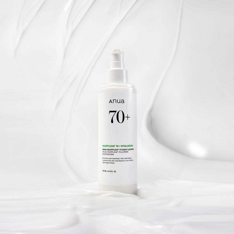 ProtoClinical k-beauty Anua HEARTLEAF 70% DAILY RELIEF LOTION 200ml single upright lotion bottle centered on a white background with soft peach side shading