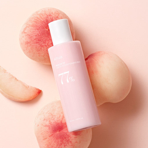 ProtoClinical k-beauty Anua Peach 77 Niacin Conditioning Milk 150ml single upright peach-toned bottle centered on a pale cream background