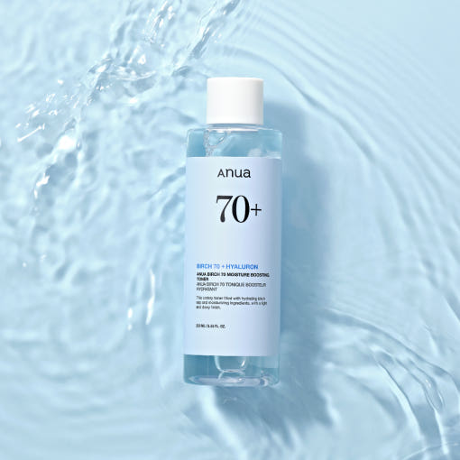 ProtoClinical k-beauty Anua Birch 70 Moisture Boosting Toner 250ml single upright pale blue-gray toner bottle centered on a cool blue background