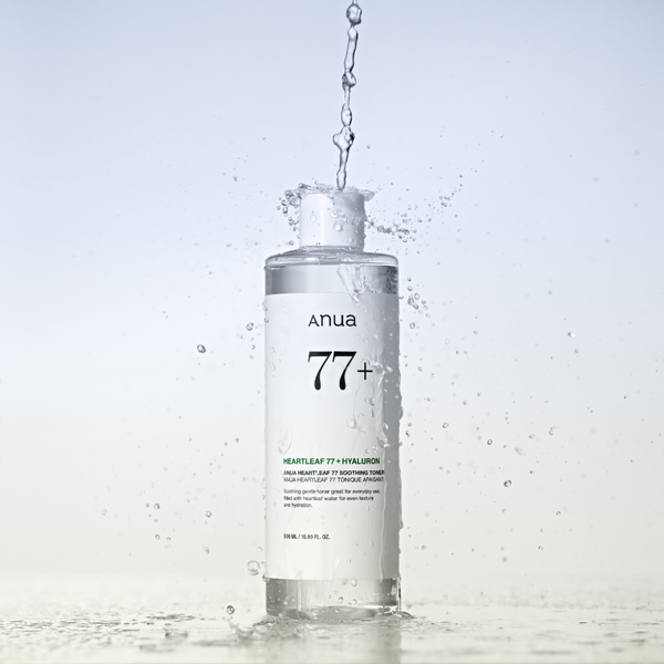Anua HEARTLEAF 77% SOOTHING TONER 500ml by ProtoClinical shown in a clean toner product presentation with bottle packaging on a light background, highlighting a calming k-beauty skincare routine.