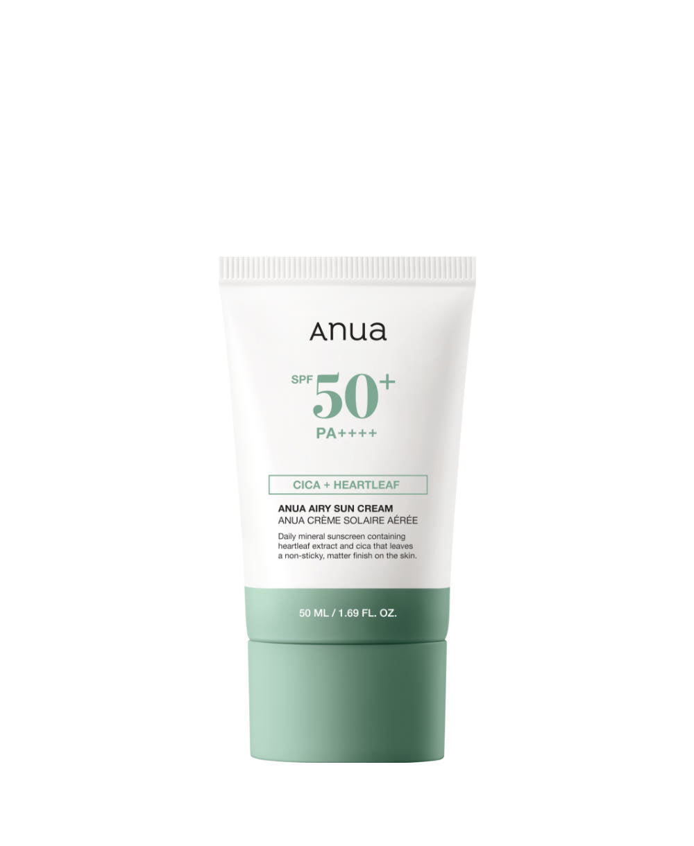 Anua Airy Sun Cream 50ml by ProtoClinical shown in a clean sunscreen product presentation with front-facing packaging on a light background for a k-beauty sun care routine.