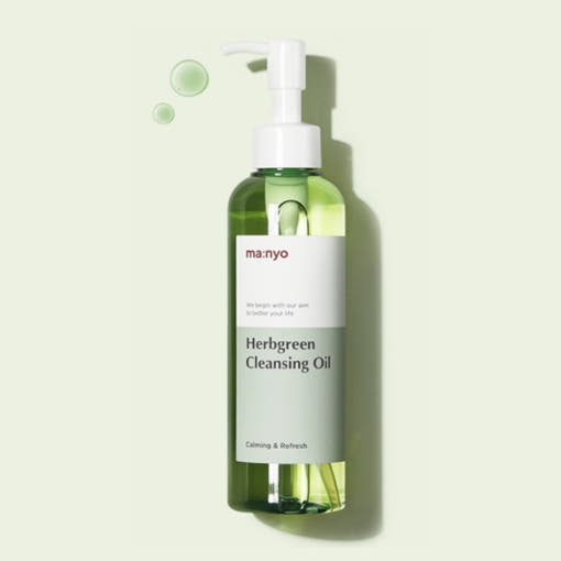 ProtoClinical k-beauty MANYO FACTORY Herb Green Cleansing Oil 200ml single upright cleansing oil bottle in muted sage packaging on an off-white background.