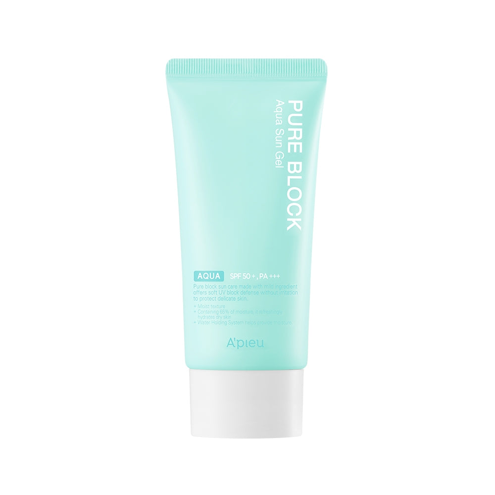 ProtoClinical k-beauty A'pieu Pure Block Aqua Sun Gel SPF50+/PA+++ 50ml single upright aqua sun gel package centered on a pale background with warm peach side accents.