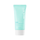 ProtoClinical k-beauty A'pieu Pure Block Aqua Sun Gel SPF50+/PA+++ 50ml single upright aqua sun gel package centered on a pale background with warm peach side accents.