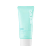 ProtoClinical k-beauty A'pieu Pure Block Aqua Sun Gel SPF50+/PA+++ 50ml single upright aqua sun gel package centered on a pale background with warm peach side accents.