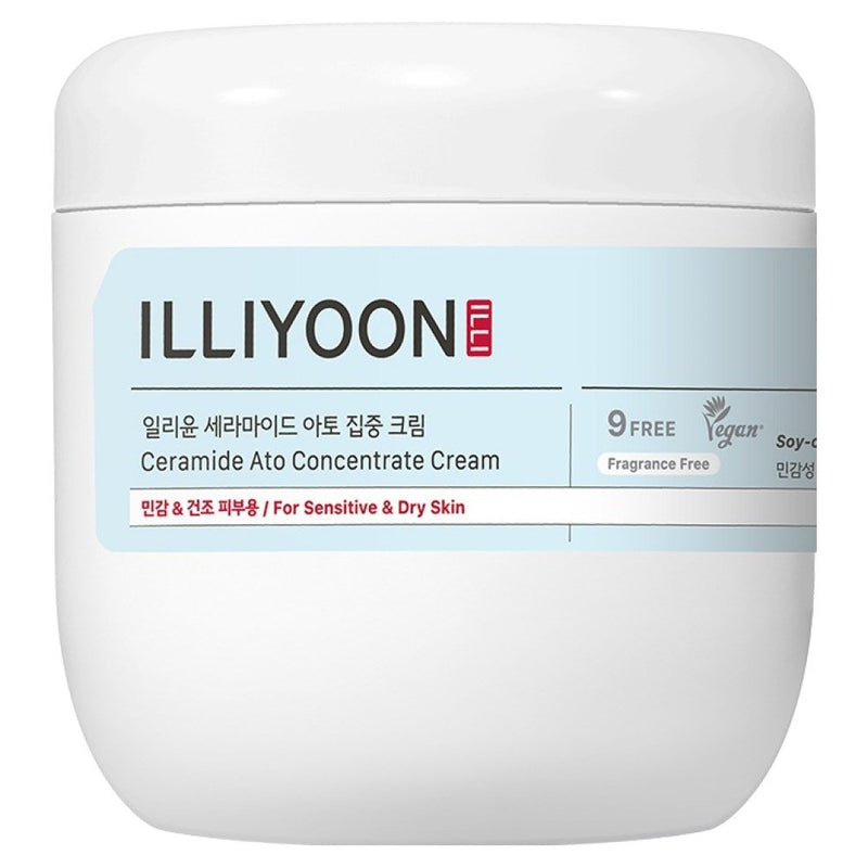 ProtoClinical k-beauty ILLIYOON Ceramide Ato Concentrate Cream 500ml two pale blue cream packages side by side on a white background with beige side accents.