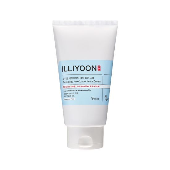 ProtoClinical k-beauty ILLIYOON Ceramide Ato Concentrate Cream 150ml single centered pale blue cream package on a white background with soft blue side accents.