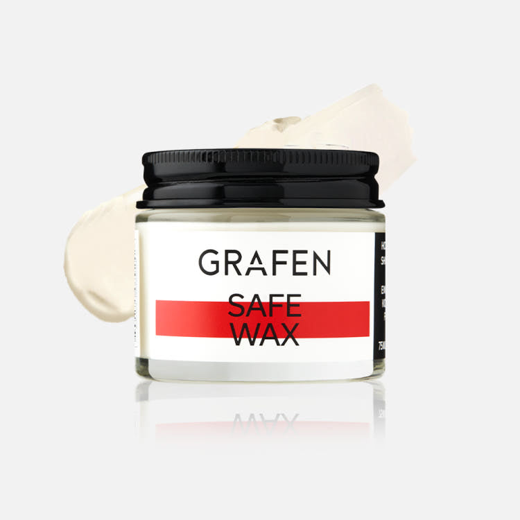 ProtoClinical k-beauty GRAFEN Safe Hair Styling Wax 75ml round styling wax jar with a dark lid centered on a light background with pale blue side bands.