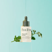 ProtoClinical k-beauty I'm from Mugwort Serum 30ml single upright olive serum bottle centered on a pale aqua background with soft mint side shading