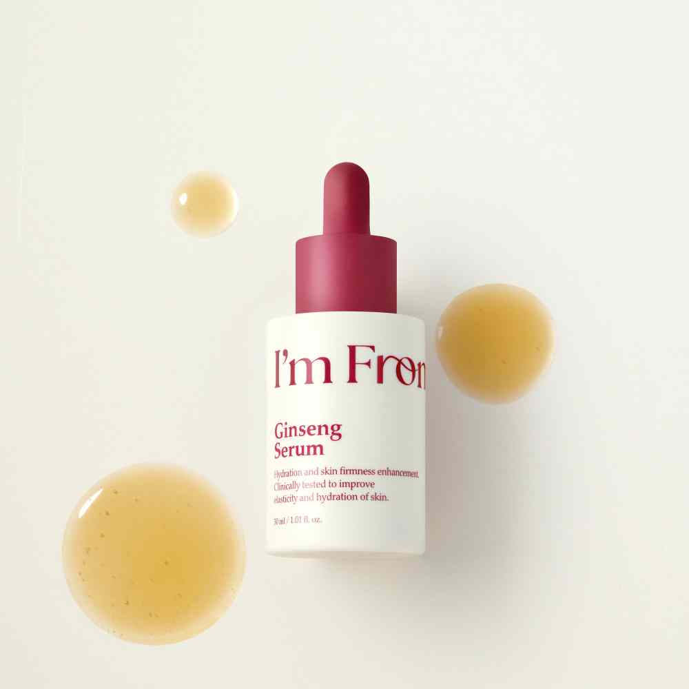 ProtoClinical k-beauty I'm from Ginseng Serum 30ml single upright brown serum bottle on a cream background with soft green shading