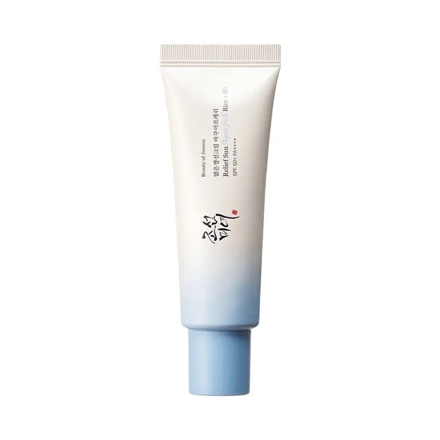 ProtoClinical k-beauty [Beauty of Joseon] Relief Sun Aqua-fresh Rice+B5 (SPF50+ PA++++) 50ml single upright pale blue sunscreen tube centered on a light background.