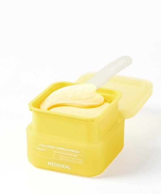 ProtoClinical k-beauty MEDIHEAL: Collagen Capsule Patch Vitamin C 103g/ (60Units) single bright yellow eye patch package standing upright on a white background with pale blue corner accents