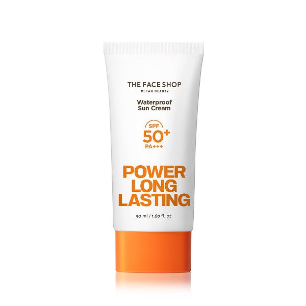 ProtoClinical k-beauty THE FACE SHOP POWER LONG-LASTING SUN CREAM SPF50+ PA+++ 50ml single sunscreen tube in an upright studio packshot on a white background