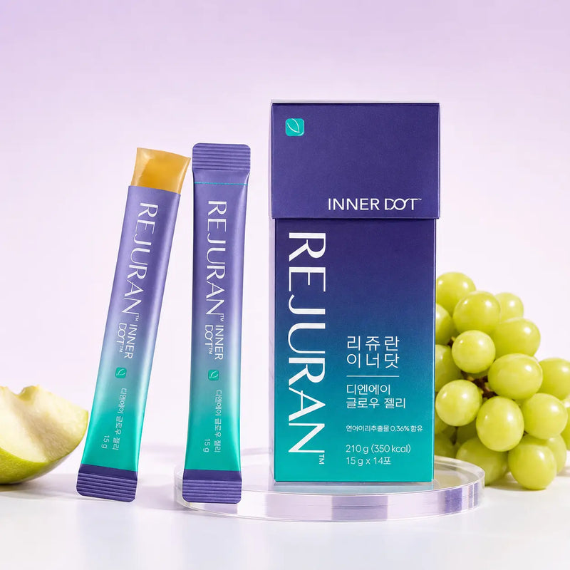 REJURAN Inner Dot DNA Glow Jelly box and two single-serve sticks with green grapes and apple
